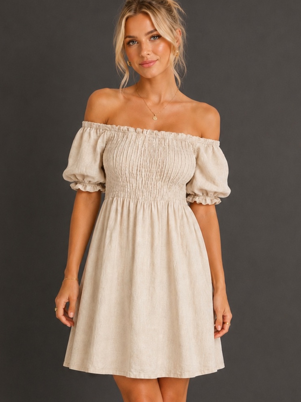 Bellambio 100% Linen Smocked Puff Sleeve Midi Dress Beige Made in Italy Size S